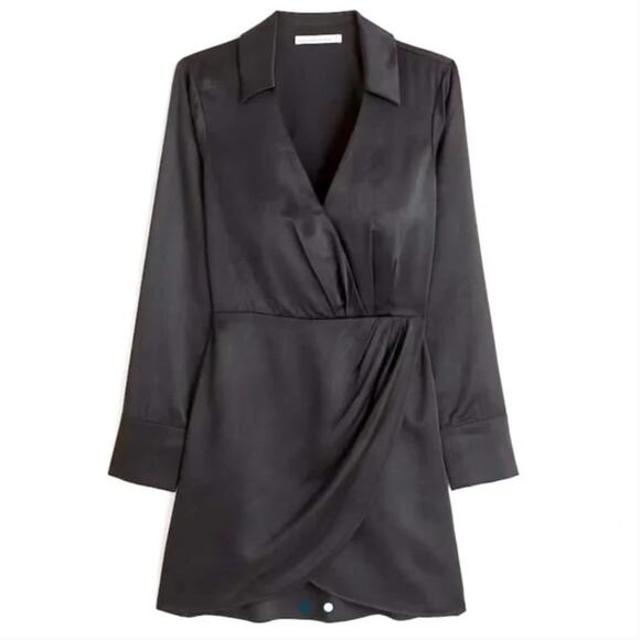 ABERCROMBIE & FITCH Long-Sleeve Satin Drapey Shirt Dress Black {VV18} - Picture 1 of 5